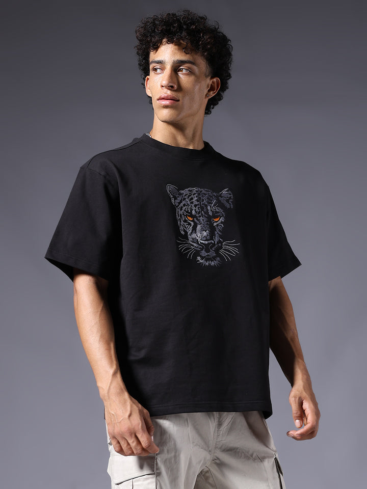 Men Premium Oversized Terry T-shirt with Panther Embroidery
