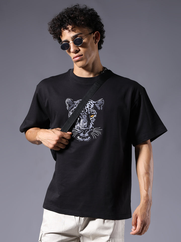 Men Premium Oversized Terry T-shirt with Panther Embroidery