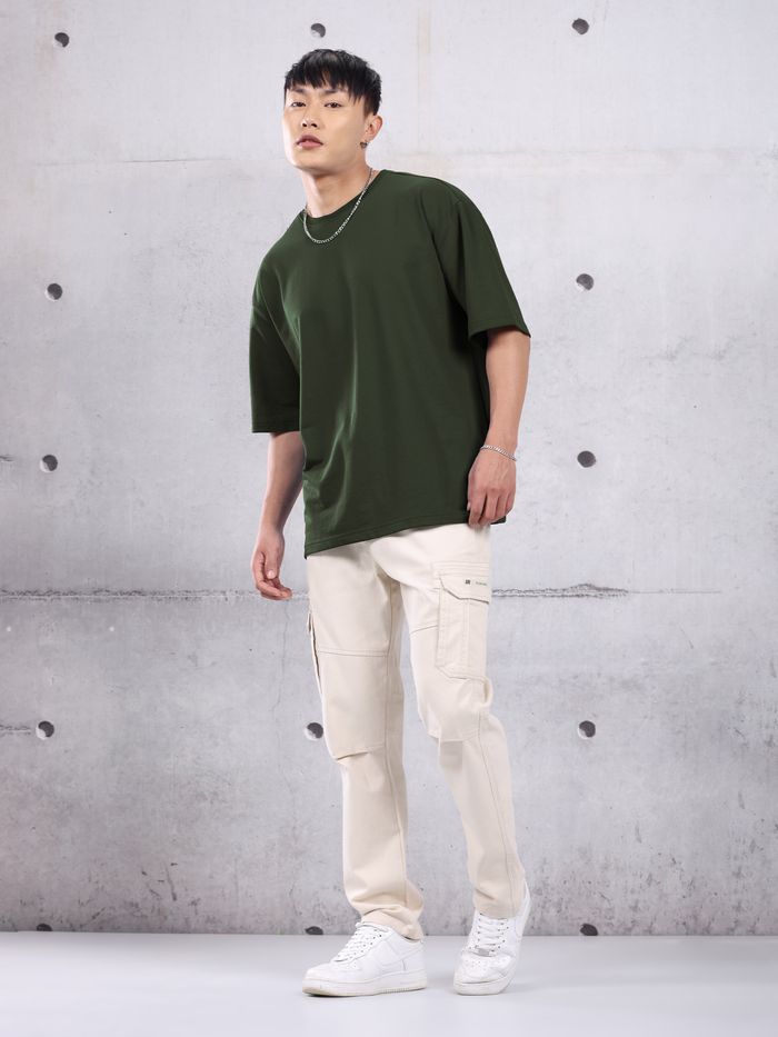 Dark Olive Plain Oversized T-Shirt